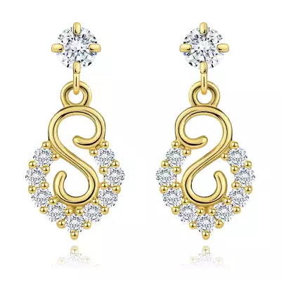 14 karátos arany fülbevaló átlátszó cirkóniákkal és spirál motívummal, íves formában