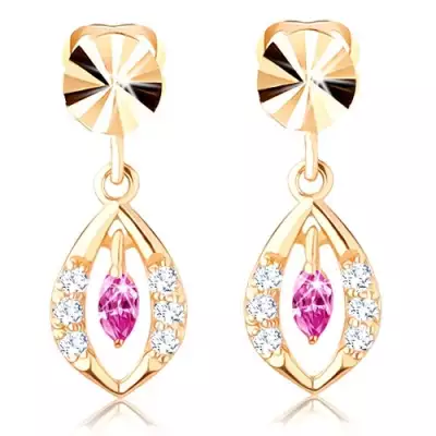 14 karátos arany fülbevaló búzaszem alakban, rózsaszín és átlátszó cirkóniákkal