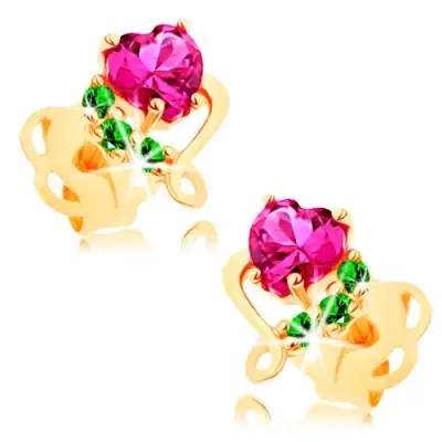 585 arany fülbevaló - rózsaszín cirkóniás szív fényes körvonallal, zöld cirkóniák