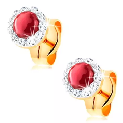 585 arany fülbevaló - kerek piros rubin, átlátszó Swarovski kristály szegély