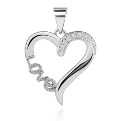 Ródiumozott 925 ezüst medál, szív körvonal Love felirattal, átlátszó cirkóniák