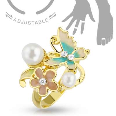 Állítható kéz vagy lábújj gyűrű arany színben, pillangó, virág és gyöngyök