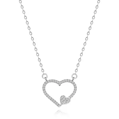 925 ródiumozott ezüst nyakék, cirkóniás szív körvonal egy kis szívecskével