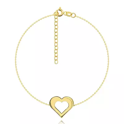 Karkötő 14K sárga aranyból - finom lánc, lapos szív körvonal, fényes és sima felület