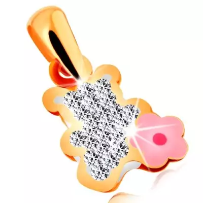 585 arany medál - átlátszó cirkóniás mackó rózsaszín fénymázas virággal