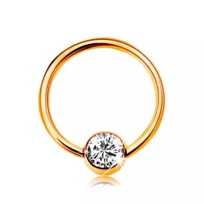 Piercing sárga 9K aranyból - kis karika golyóval, átlátszó cirkónia, 8 mm