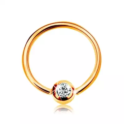 9K arany piercing - fényes karika és golyó beültetett cirkóniával átlátszó színben, 8 mm