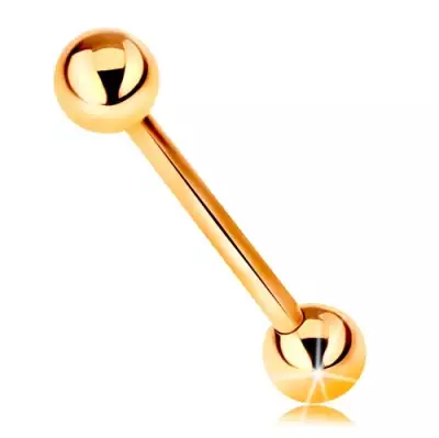 Piercing sárga 9K aranyból - barbell két fényes golyóval, 18 mm