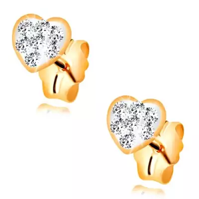 Beszúrós fülbevaló sárga 14K aranyból - szív Swarovski kristályokkal kirakva