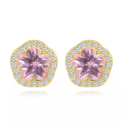 Fülbevaló sárga 14K aranyból - csillogó rózsaszín-átlátszó cirkóniás virág