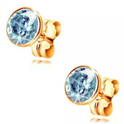 14K arany fülbevaló - kerek kék cirkónia foglalatban, 5 mm