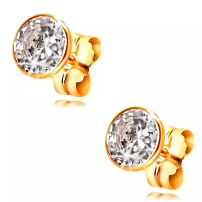 14K arany fülbevaló - kerek átlátszó cirkónia foglalatban, 5 mm