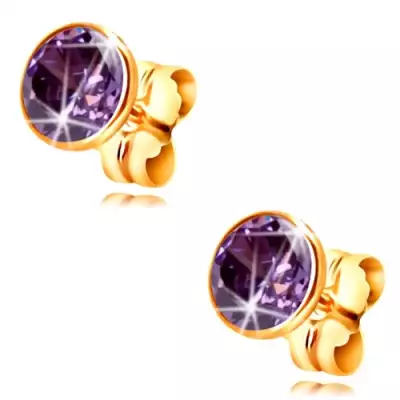 14K arany fülbevaló - kerek sötétlila cirkónia foglalatban, 5 mm
