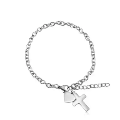 Ezüst színű sebészeti acél karkötő, ovális szemek, szív és kereszt