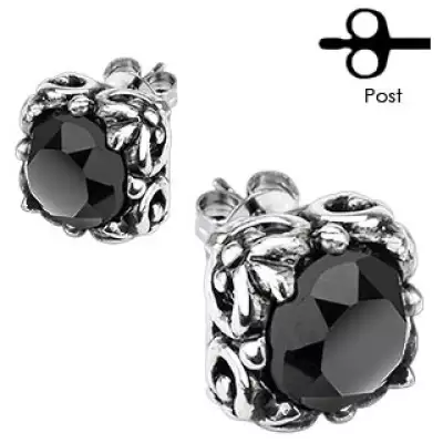 316L acél fülbevaló - fekete csiszolt cirkónia patinás foglalatban