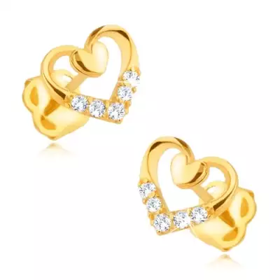 Gyémánt fülbevaló 14K aranyból - szív körvonal kisebb teli szívvel és gyémántokkal