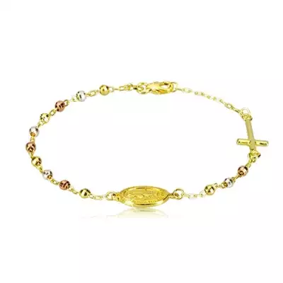 925 ezüst karkötő arany színben - három színű golyók, medalion és kereszt