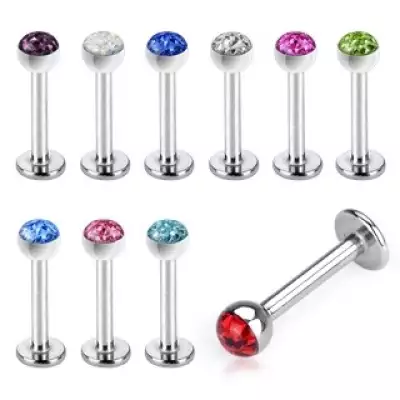 316L acél áll és ajak piercing - különböző színű cirkónia foglalatban, átlátszó fénymáz - Méret: 1,2 mm x 8 mm, A piercing színe: Kék