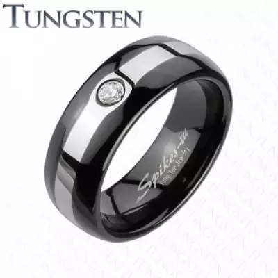 Tungsten fekete gyűrű - ezüst szegély, cirkónia - Nagyság_ 64