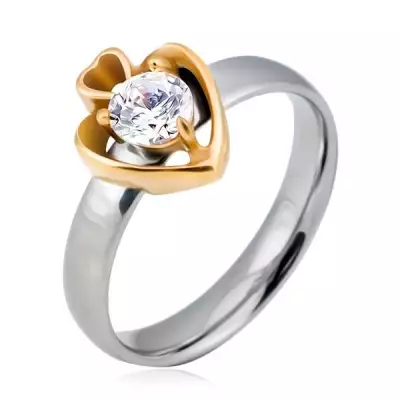Acél gyűrű - ezüst színű kör és két arany színű szív cirkóniával - Nagyság_ 57