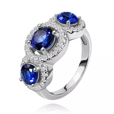 Gyűrű 925 ezüstből, cirkóniás körök, három kék kő - Nagyság_ 67