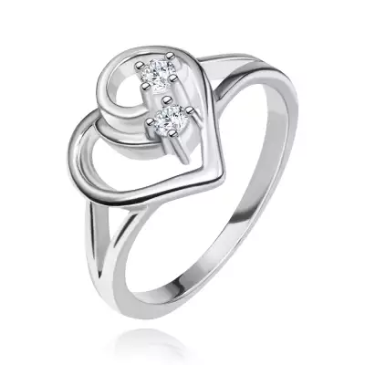 Gyűrű 925 ezüstből, kettős szárak, szív körvonal, átlátszó kövek - Nagyság_ 48