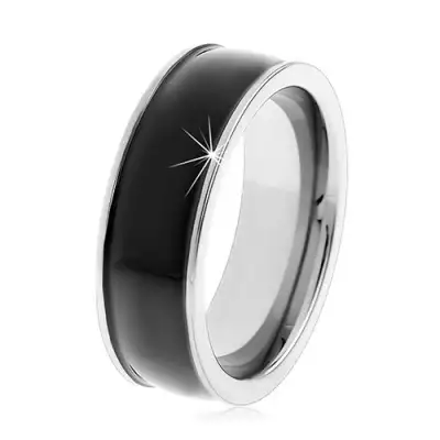 Fekete tungsten gyűrű, mérsékelten kidombordó, fényes felület, ezüst színű szélek - Nagyság_ 54