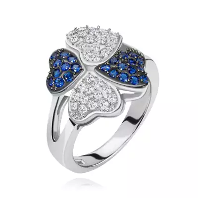Gyűrű 925 ezüstből, négy szív - apró átlátszó és kék kövek - Nagyság_ 61