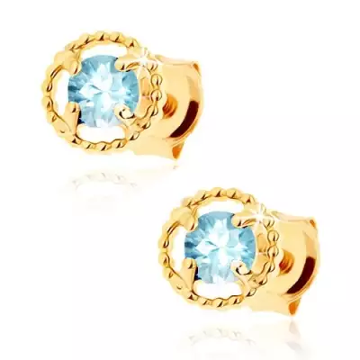 Fülbevaló 9K sárga aranyból - rovátkolt kör kontúr, kék topáz