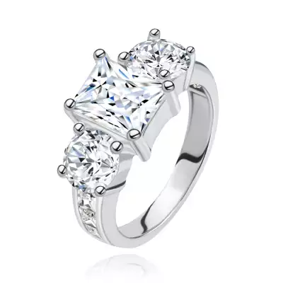 Eljegyzési gyűrű 925 ezüstből, három, átlátszó, nagy cirkónia, díszített szárak  - Nagyság_ 59