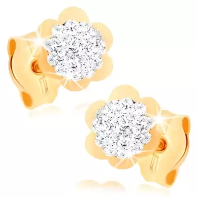 Fülbevaló 9K sárga aranyból - csillogó virág fényes kerettel, Swarovski kristályok