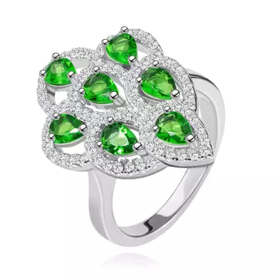 Gyűrű 925 ezüstből, csillogó rojt zöld cirkóniákkal és átlátszó szegéllyel - Nagyság_ 51