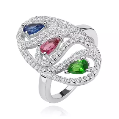 925 ezüst gyűrű, ovális kontúr cirkóniából, színes, csiszolt könnycseppekkel - Nagyság_ 58