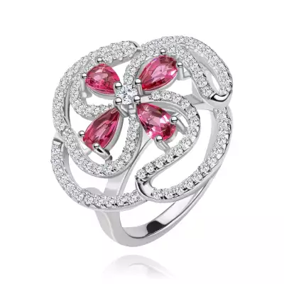 Gyűrű, 925 ezüst, domború virág rózsaszn cirkóniás könnycseppből és átlátszó vonalakból - Nagyság_ 60