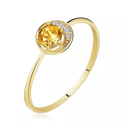 Gyűrű 14K sárga színű aranyból - keskeny holdsarló, sárga citrin, cirkóniákkal átlászó színben - Nagyság_ 51