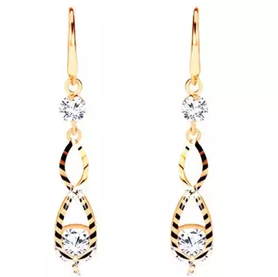 14K arany fülbevaló - függő nyolcas karcolásokkal, átlátszó cirkóniák