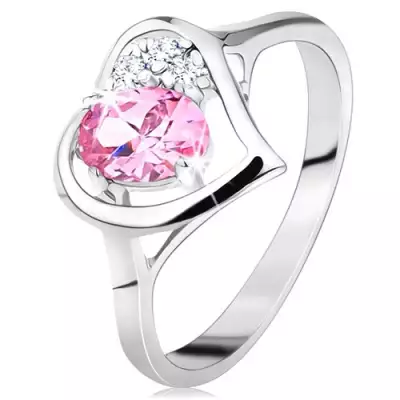 Ezüst színű gyűrű, szívkörvonal rózsaszín oválissal és átlátszó cirkóniákkal - Nagyság_ 49