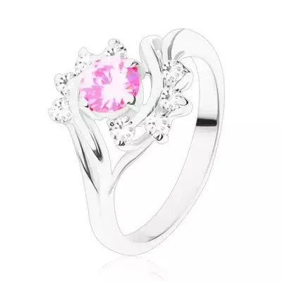 Fényes gyűrű keskeny szárakkal ezüst színben, rózsaszín cirkónia, átlátszó ív - Nagyság_ 53