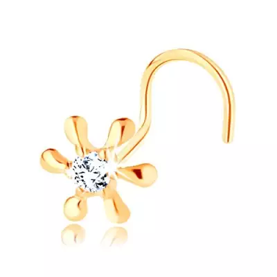 14K sárga arany orrpiercing - fényes virág cirkóniával, ívelt