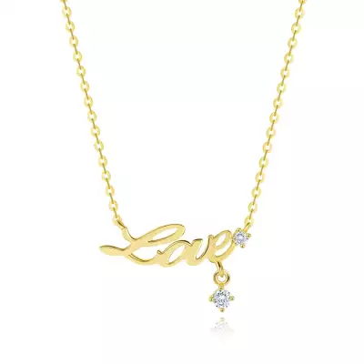 14K arany nyaklánc - fényes lánc, Love felirat és két átlátszó cirkónia