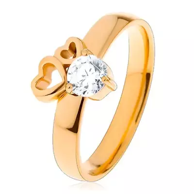 Sebészeti acél gyűrű arany színben, két szív körvonal, átlátszó cirkónia - Nagyság_ 57