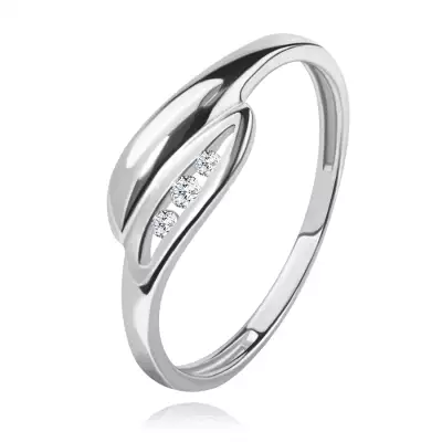 Briliáns gyűrű fehér 14K aranyból - enyhén hajlított levelek, három átlátszó gyémánt - Nagyság_ 52