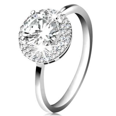 Ródiumozott gyűrű, 925 ezüst, kerek átlátszó cirkónia, csillogó szegély - Nagyság_ 55