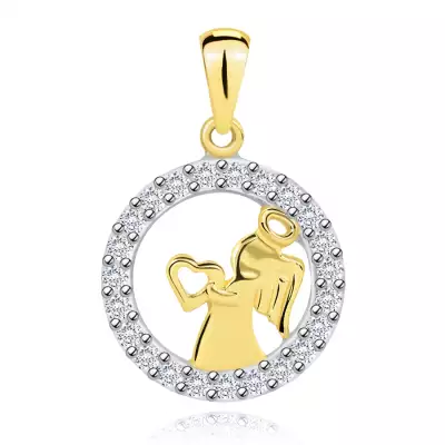 585 arany medál - fényes angyal szívvel, cirkóniás körvonal