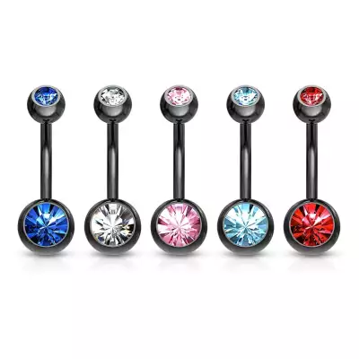 316L acél köldök piercing - banán alakzat fekete színben, színes cirkóniák, 10 mm - A cirkónia színe: Kék - B