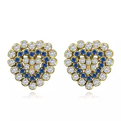 375 sárga arany fülbevaló - csillogó cirkóniás szív, átlátszó és zafírkék cirkóniák