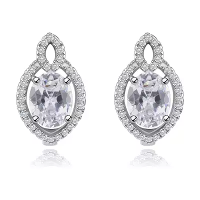 925 ezüst fülbevaló - ovális cirkónia átlátszó színben, búzaszem körvonalak