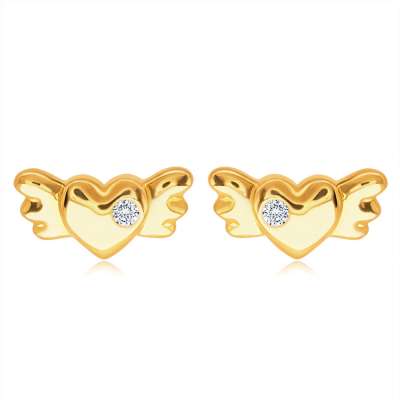 14K arany bedugós fülbevaló - szimmetrikus teli szív szárnyakkal és egy átlátszó cirkóniával