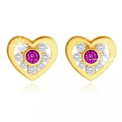 585 sárga arany fülbevaló – szív fukszia színű és átlátszó cirkóniákkal középen