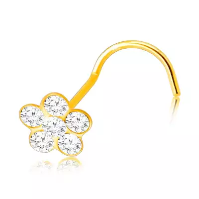 Piercing 375 sárga aranyból ívelt véggel – virág átlátszó kerek szirmokkal
